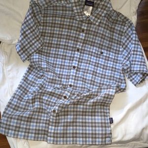 PATAGONIA blue/gray/white plaid shirt sleeve organic cotton Men’s Med. Gauze.